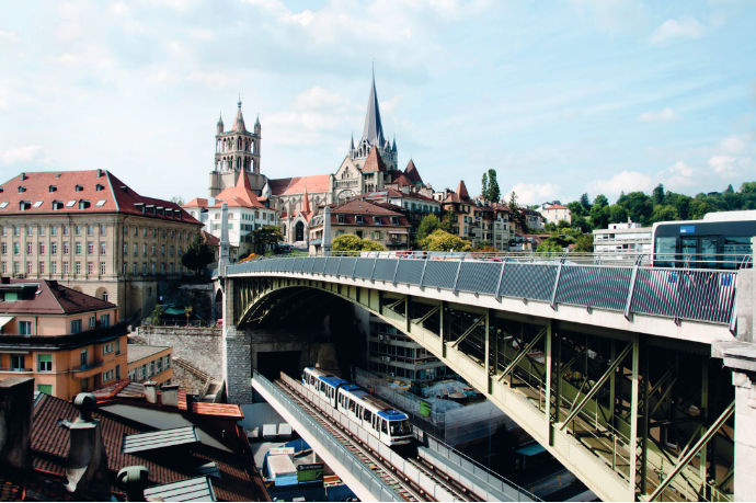 View of the city of Lausanne and its public transport