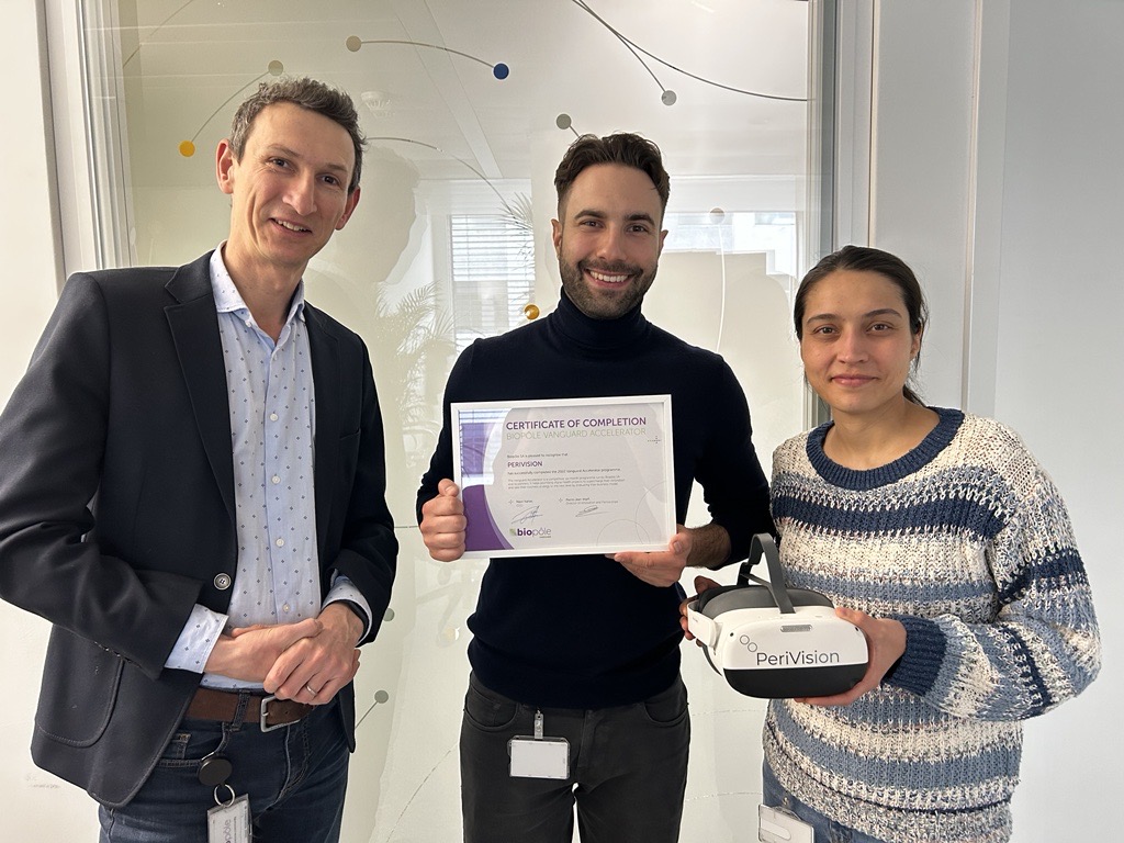 Vanguard Accelerator_Patrick Kessel, CEO and Co-Founder, and Dr. Serife Kucur Ergunay, CTO and Co-Founder of PeriVision, stand with Pierre.-Jean Wipff, Director of Innovation and Partnerships_Biopole Lausanne 2023